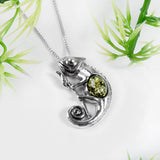 Climbing Chameleon Necklace in Silver and Green Amber