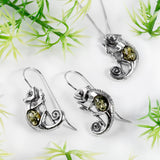 Chameleon on Branch Hook Earrings in Silver and Green Amber