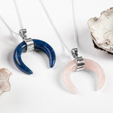 Crescent Moon Necklace in Silver & Rose Quartz