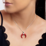 Crescent Moon Necklace in Silver & Red Horn Coral