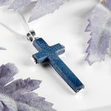 Slim Cross Necklace in Silver and Natural Blue Sponge Coral