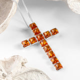 Statement Cross Necklace in Silver and Cognac Amber