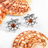 Ship Wheel Cufflinks in Silver and Amber