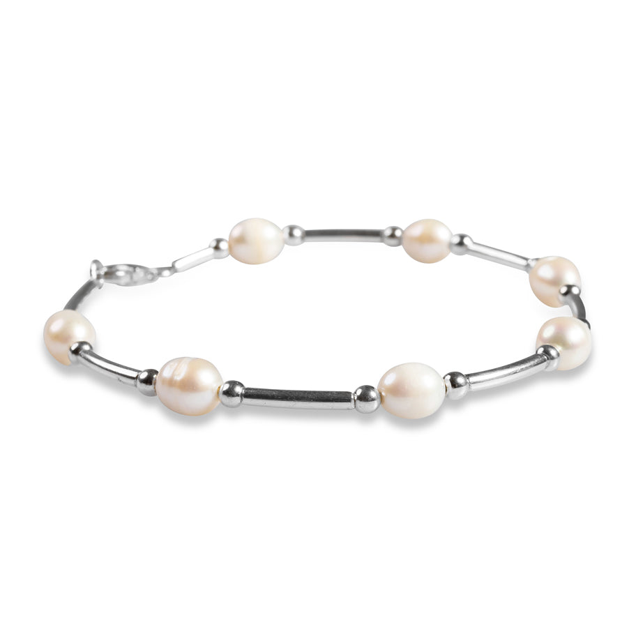 Bead Tube Bracelet Bangle Silver Pearl