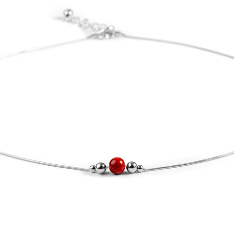 Delicate Single Stone Necklace in Silver and Coral