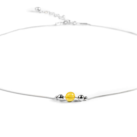 Delicate Single Stone Necklace in Silver and Yellow Amber