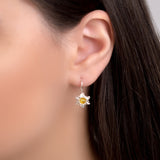 Daffodil Flower Hook Earrings in Silver and Yellow Amber
