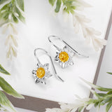 Daffodil Flower Hook Earrings in Silver and Yellow Amber