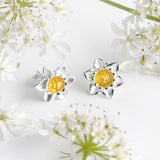 Daffodil Flower Stud Earrings in Silver and Yellow Amber