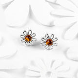 Daisy Stud Earrings in Silver and Amber