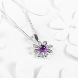 Daisy Flower Necklace in Silver and Amethyst