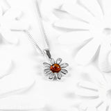 Dainty Daisy Flower Necklace in Silver and Cognac Amber