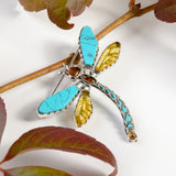Exotic Dragonfly Brooch in Silver, Turquoise and Yellow Amber