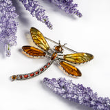 Exotic Dragonfly Brooch in Silver and Amber