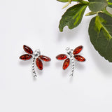 Pointed Dragonfly Stud Earrings in Silver and Amber