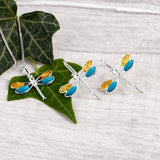 Rounded Dragonfly Drop Earrings in Silver, Yellow Amber and Turquoise