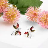 Pointed Dragonfly Stud Earrings in Silver and Cognac & Green Amber