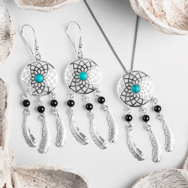 Dream Catcher 925 Sterling Silver Earrings with Turquoise Beads American  Indian Chief Talisman Amulet Double Feather - ELIZ Jewelry and Gems