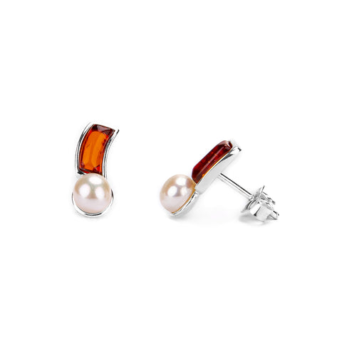 Curved Pearl Earrings in Silver and Amber