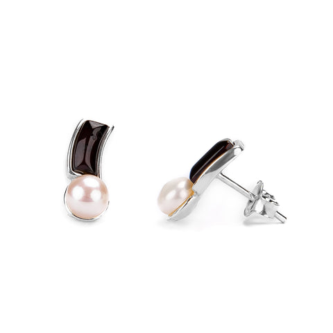 Curved Pearl Earrings in Silver and Cherry Amber