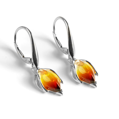 Sunset Amber Flower Bud Drop Earrings Silver and Amber