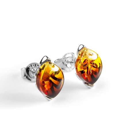 Sunset Marquise Shaped Stud Earrings Silver and Amber