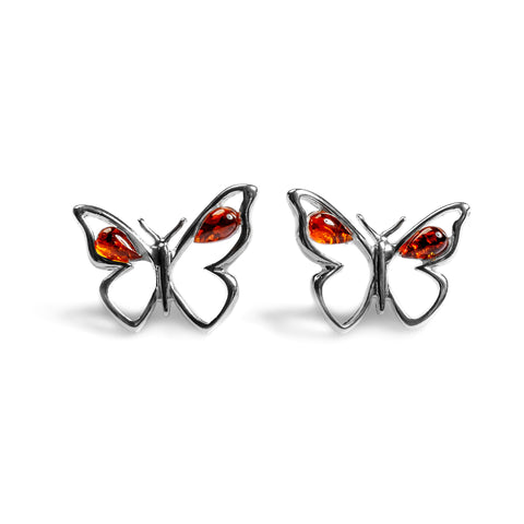 Butterfly Stud Earrings in Silver and Cognac Amber