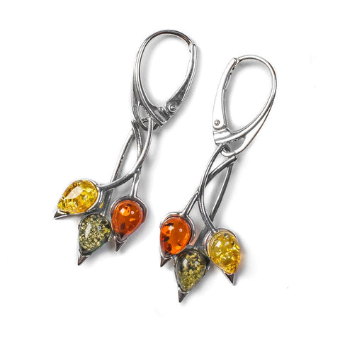 Beech Leaf Earrings in Silver and Cognac, Green & Yellow Amber