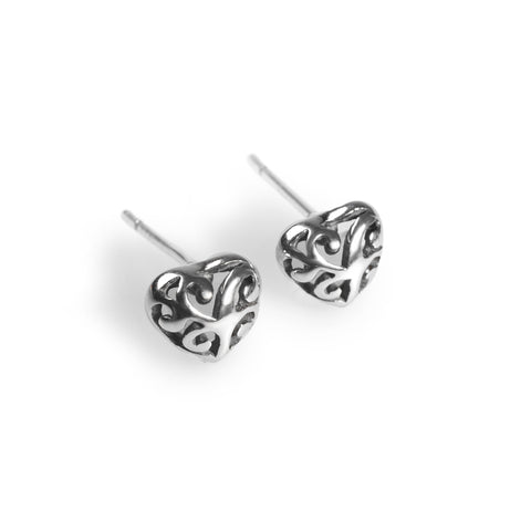 Decorative Heart Stud Earrings in Silver