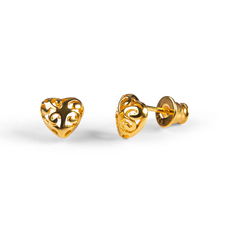 Decorative Heart Stud Earrings in Silver with 24ct Gold