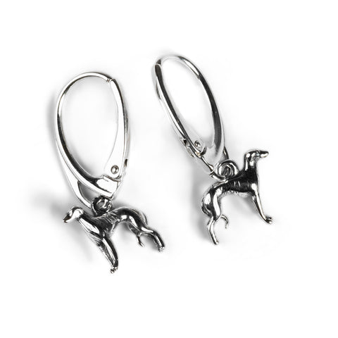 Miniature Greyhound / Whippet / Sighthound Hook Earrings in Silver