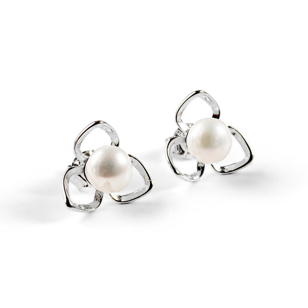 Flower Petal Earrings in Silver & White Pearl