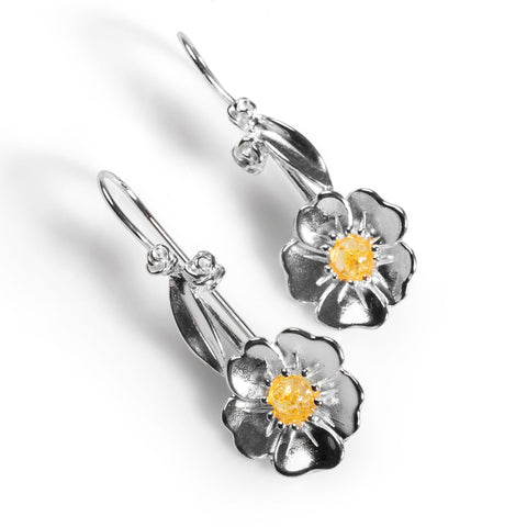 Beautiful Buttercup Hook Earrings in Silver and Yellow Amber
