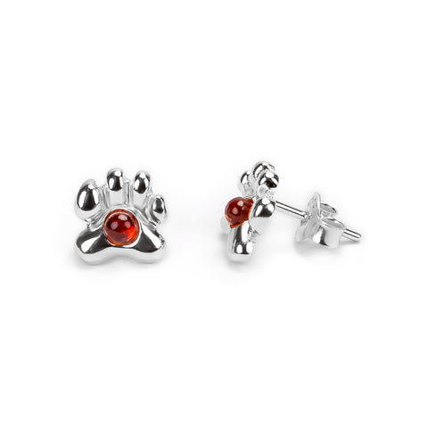 Paw Print Stud Earrings in Silver and Amber
