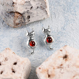 Sitting Cat Stud Earrings in Silver and Amber