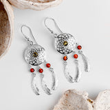 Dreamcatcher Drop Earrings in Silver and Amber