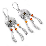 Dreamcatcher Drop Earrings in Silver and Amber