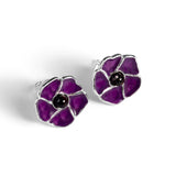 Hand-Painted Purple Poppy Stud Earrings in Silver and Amber