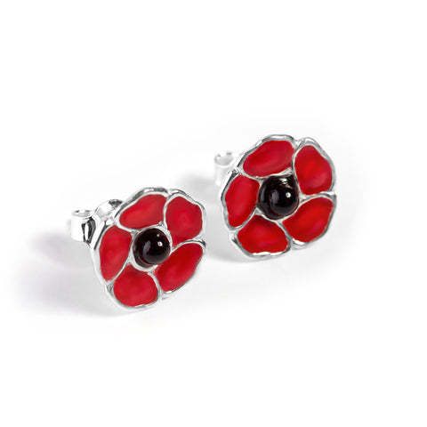 Hand-Painted Poppy Flower Stud Earrings in Silver and Amber