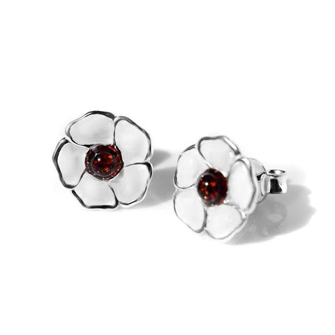 Hand-Painted White Peace Poppy Stud Earrings in Silver