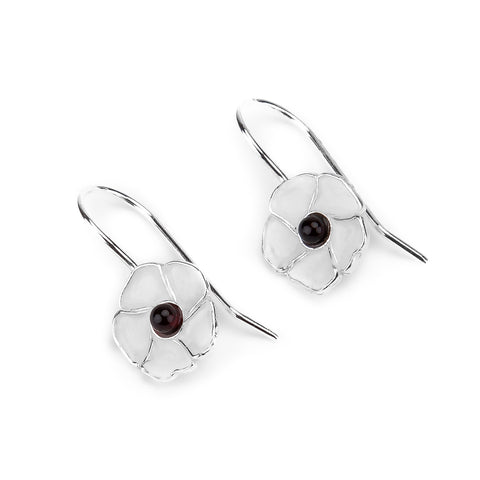 White Poppy Hook Earrings in Silver