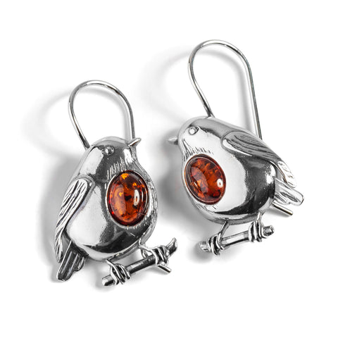Robin Hook Earrings in Silver and Amber