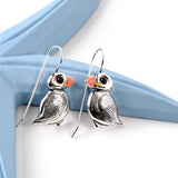 Puffin Bird Drop Earrings in Silver and Amber