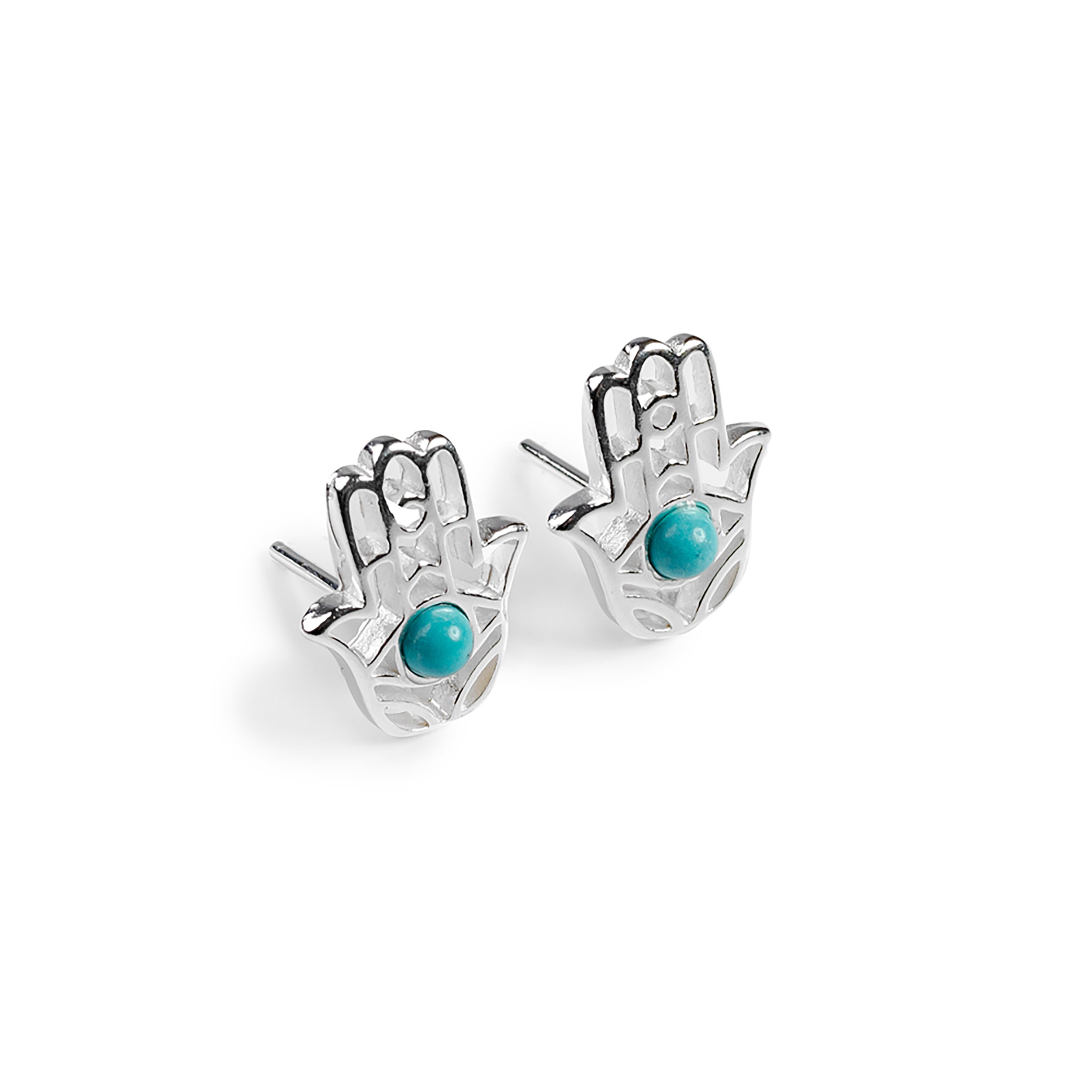 Hamsa Hand Stud Earrings in Silver with 24ct Gold & Turquoise