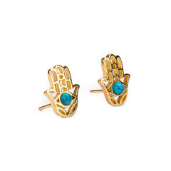Hamsa Hand Stud Earrings in Silver with 24ct Gold & Turquoise
