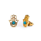 Hamsa Hand Stud Earrings in Silver with 24ct Gold & Turquoise