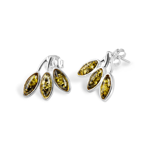 Dwarf Palm Leaf Stud Earrings in Silver and Amber