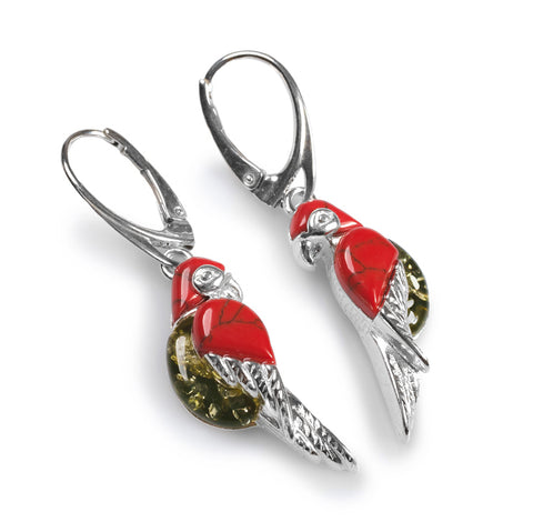 Tropical Parrot Earrings in Silver, Coral and Green Amber