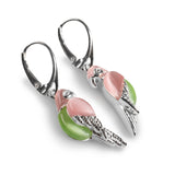 Tropical Pink and Green Parrot Earrings in Silver
