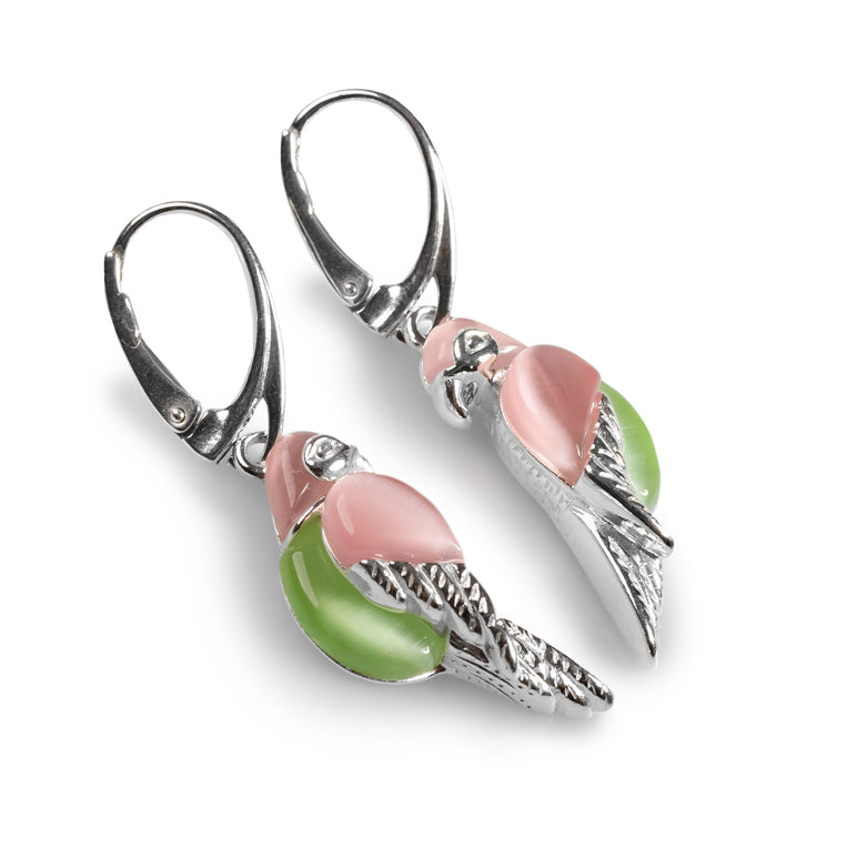 Henryka Tropical Pink and Green Parrot Earrings in Silver